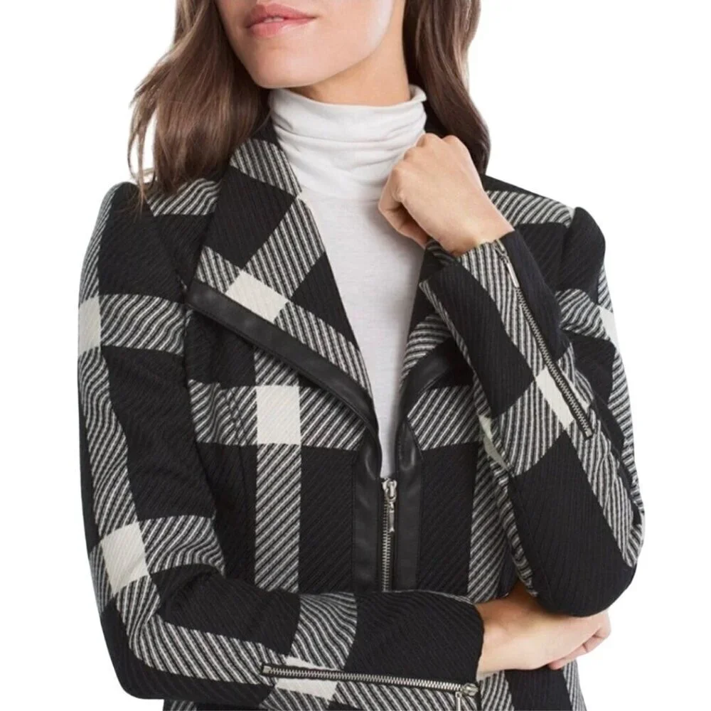 White House Black Market Plaid Zip-Up Black White Moto Jacket Size XS